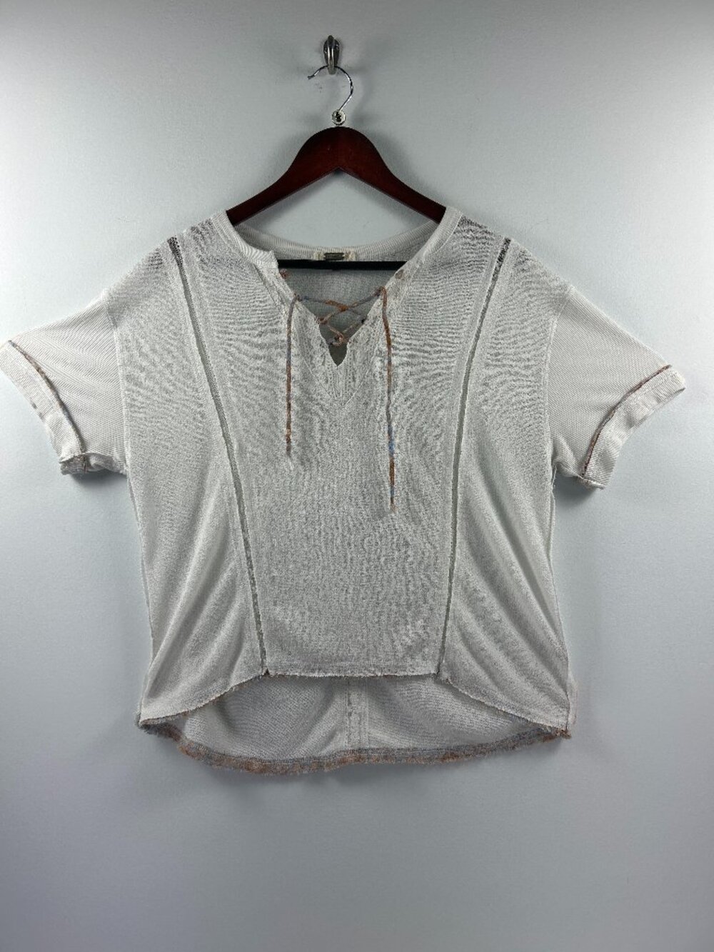 Free People Cream Lace-Up Front Tee Size S Raw Edge Detail